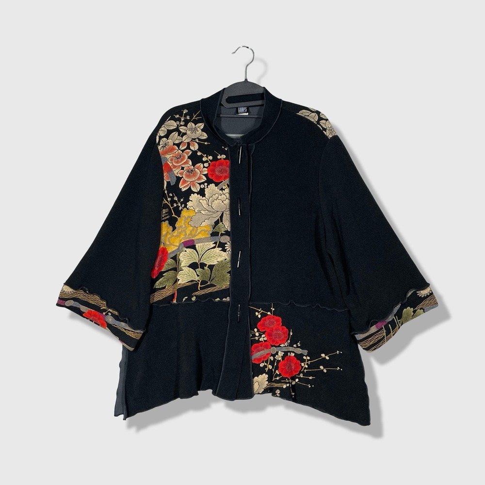 Gumps Jacket Womens L Black Floral Asian Fusion Art Deco Bohemian Chic